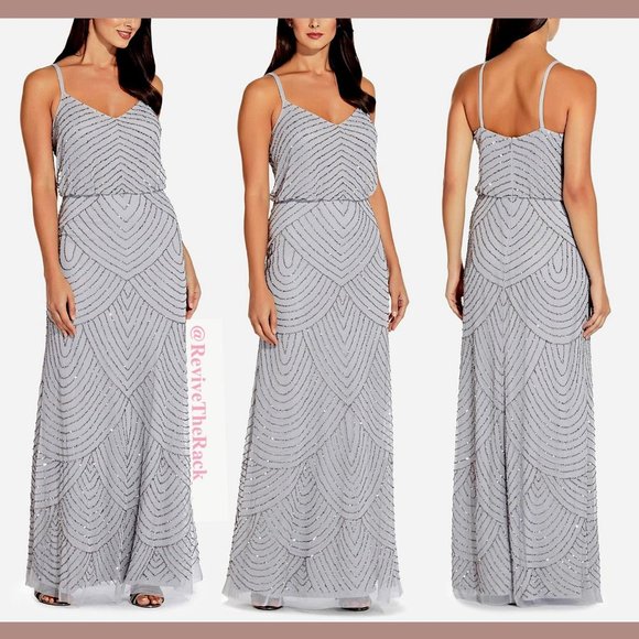NEW Adrianna Papell Art Deco Beaded Blouson‎ Gown in Silver/Grey [SZ 2 ] - Picture 1 of 8